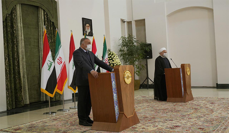 المؤتمر الصحفي لرئيس الوزراء العراقي مصطفى الكاظمي، مع حسن روحاني، الرئيس الإيراني في طهران