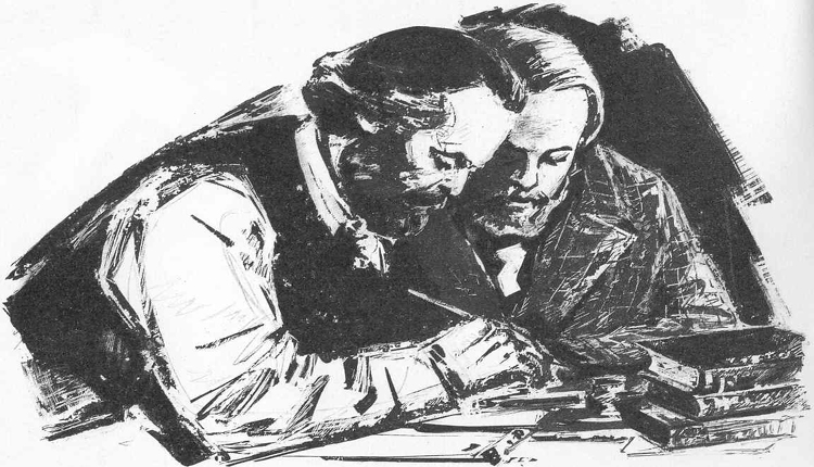 لوحة لماركس و أنجلز أثناء كتابة البيان الشيوعي
